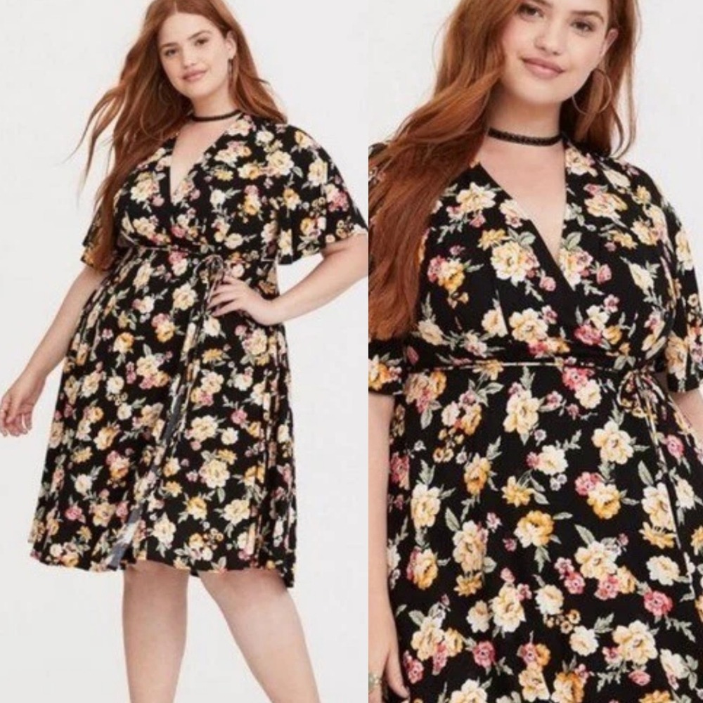 Torrid Black Floral Surplice V-Neck Midi Dress Short Flutter Sleeve Women 0 L XL
